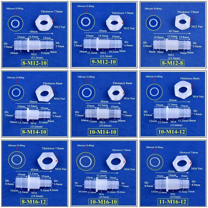 Connettore Pagoda perforato 5 ~ 200pcs M12 ~ M16 a 8 ~ 12mm con dado O-Ring in Silicone adattatore per serbatoio dell'acquario giunto per tubo dell'acqua da giardino
