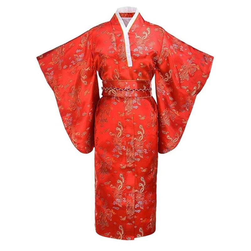 Red Flower of Print Young Traditional Japanese Lady Kimono Bathrobe Full Sleeve Party Dress from Promenade Del Raso Wedding Dress