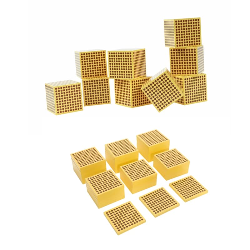 Montessori Legno Mille Cubi/Cento Quadrati Set Materiale Matematico Sistema Decimale Strumenti di Apprendimento Matematica Perline Dorate Gioco