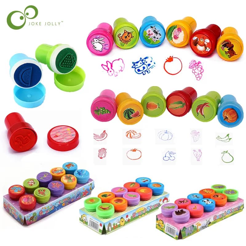 10pcs/Set Children Toy Stamps Cartoon Animals Fruits Kids Seal For Scrapbooking Stamper DIY Scrapbook Cartoon Stamper Toys