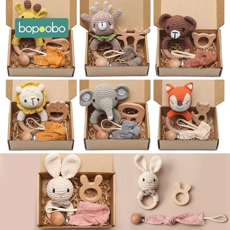 Bopoobo 3PCS/5PCS Crochet Bunny Baby Massaggiagengive Sonaglio Animale Legno di Faggio Massaggiagengive Ciuccio Catena Crochet Sonaglio Per Il Neonato