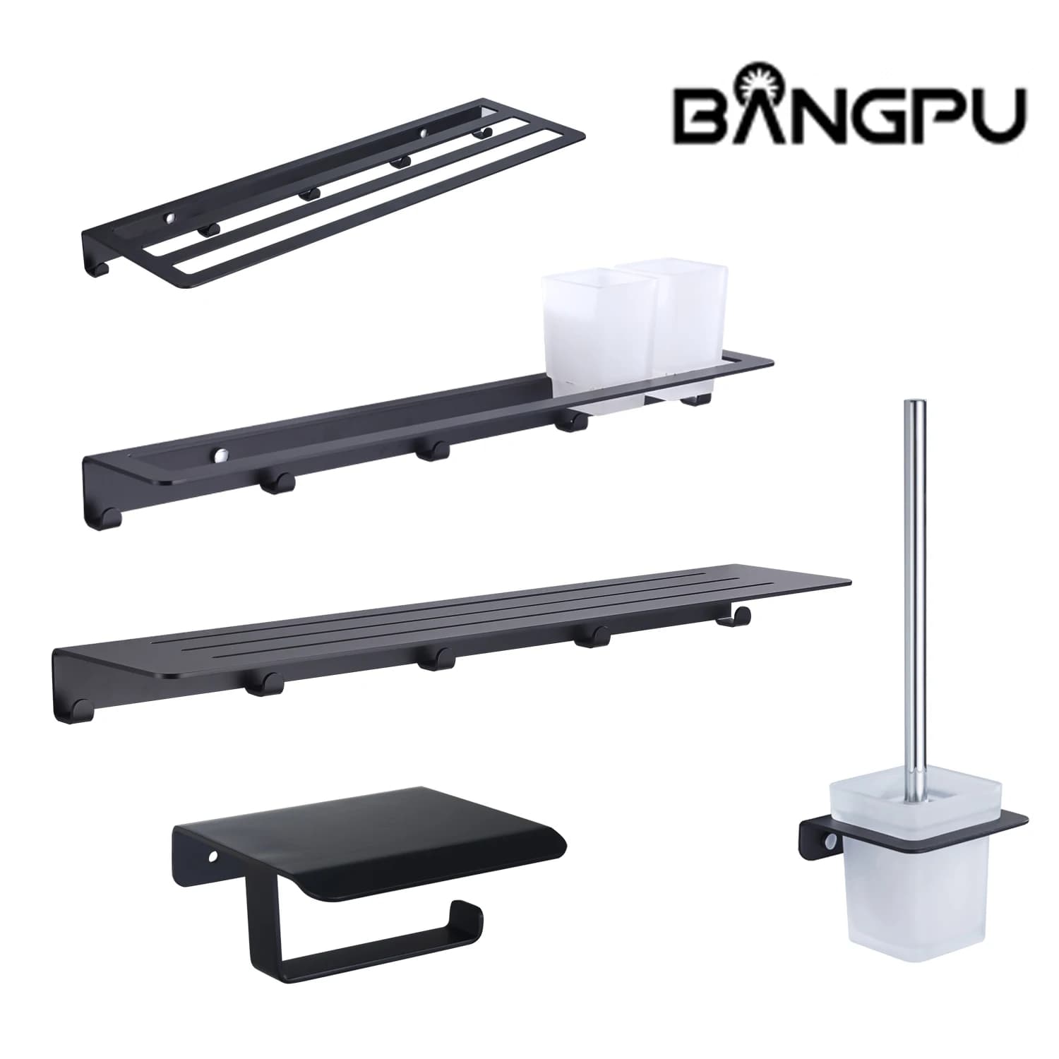 BANGPU Accessori da bagno neri Porta carta in acciaio inossidabile 304 Porta spazzolino Porta asciugamani Porta asciugamani Ripiani da bagno