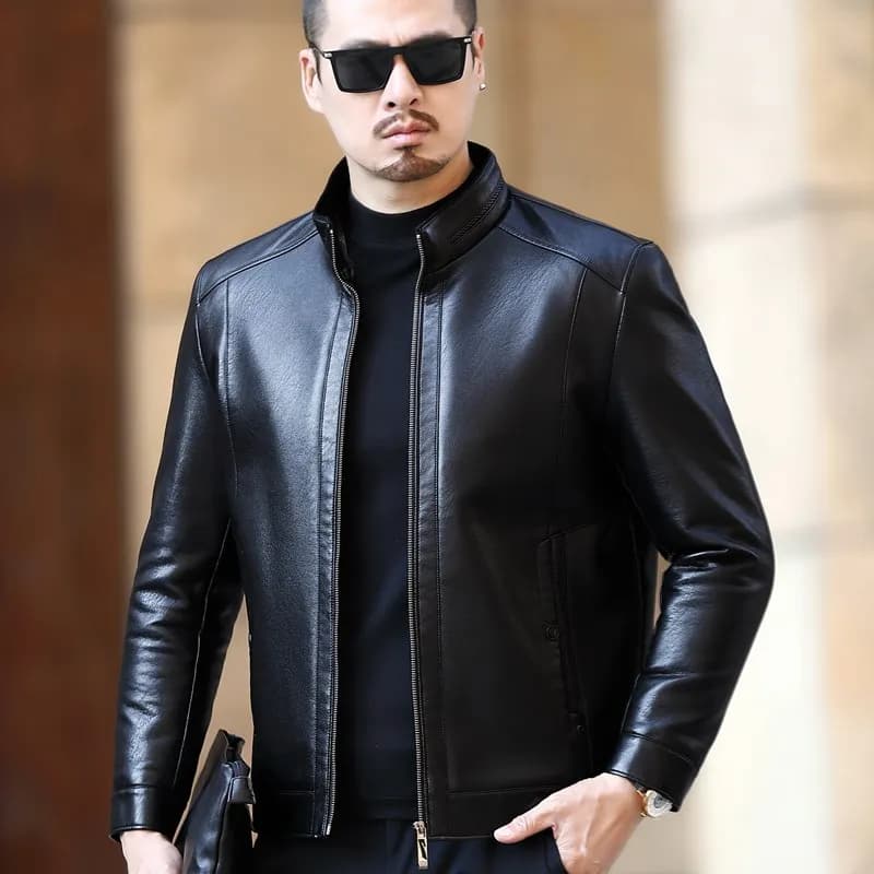 Pu Leather Jackets Men Stand Collar Business Casual Fur One-piece Mens Soft Plush Liner Warm Jacket