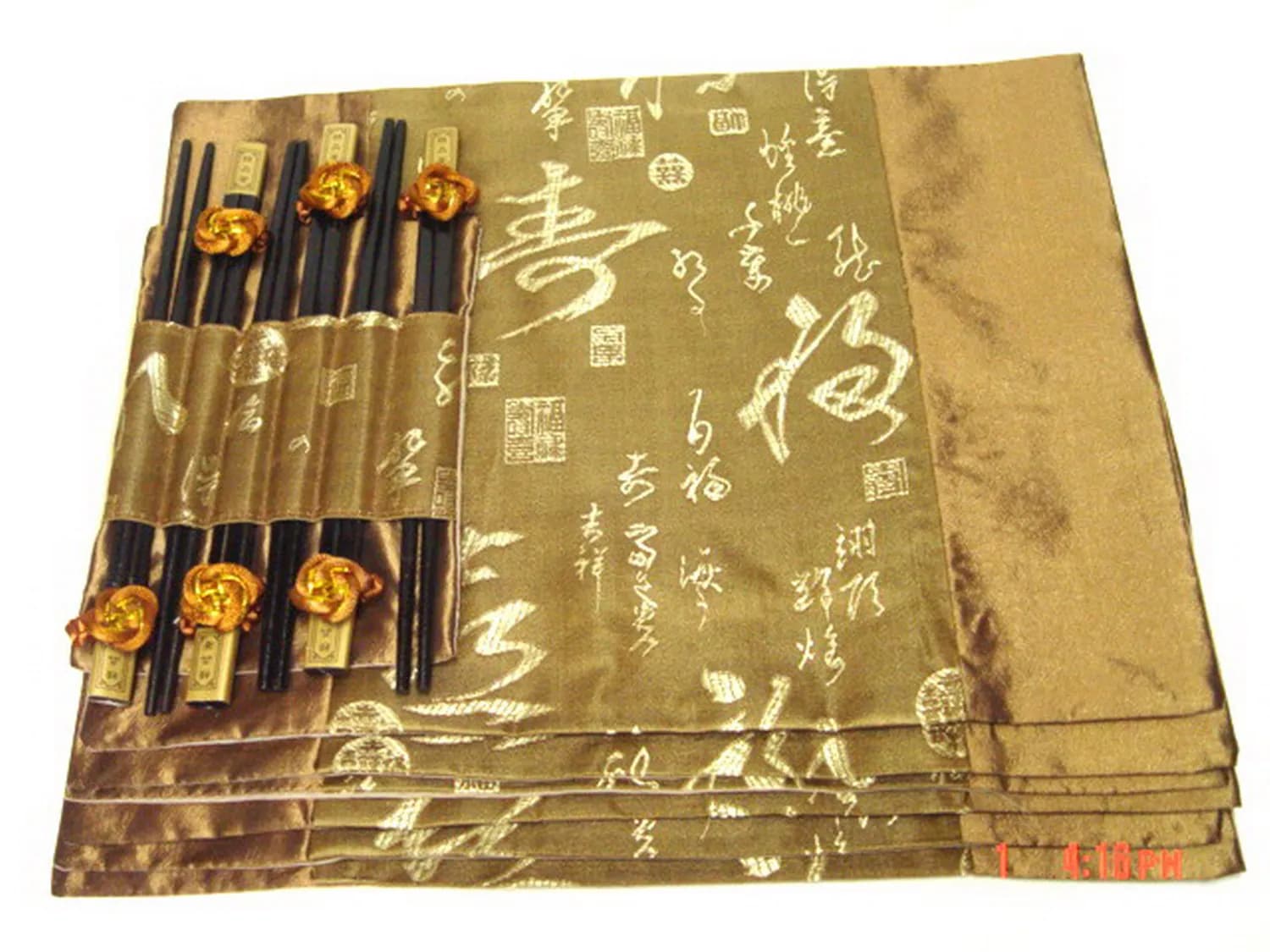 Asian 6 Chinese Calligraphy Patterns Handmade Dinner Sets Coffee Silk Placemats & Chopsticks