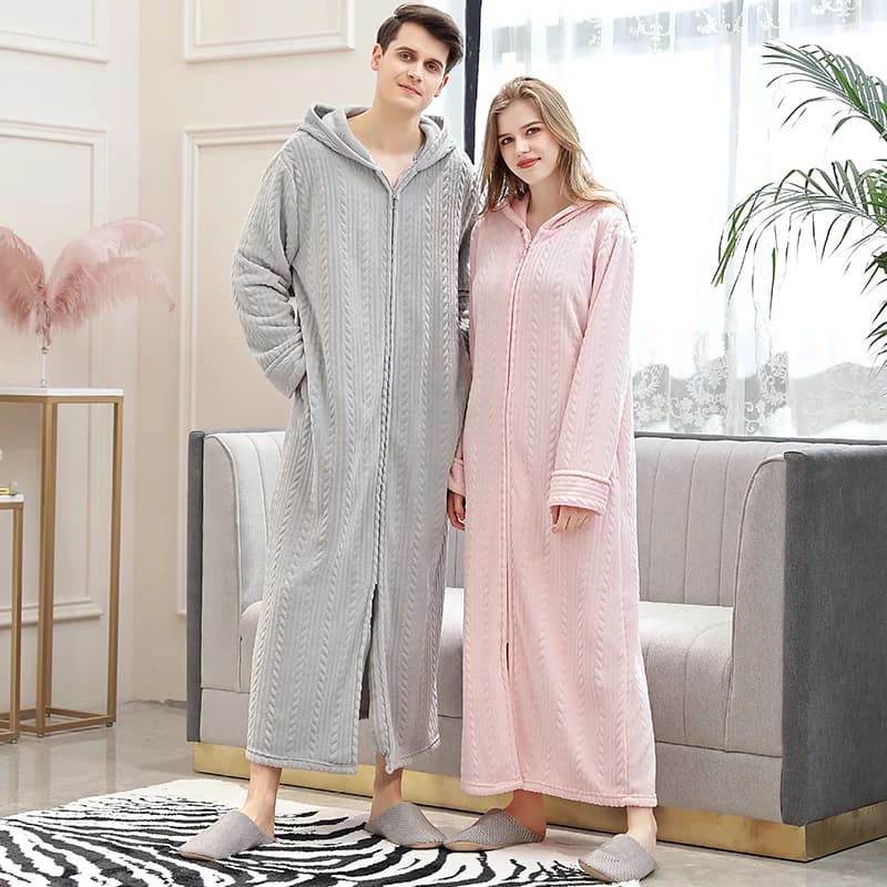 Women's Winter Plus Size Long Hot Flannel Zippered Bathrobe Hooded Pregnant Coral Fleece Swimwear Spa