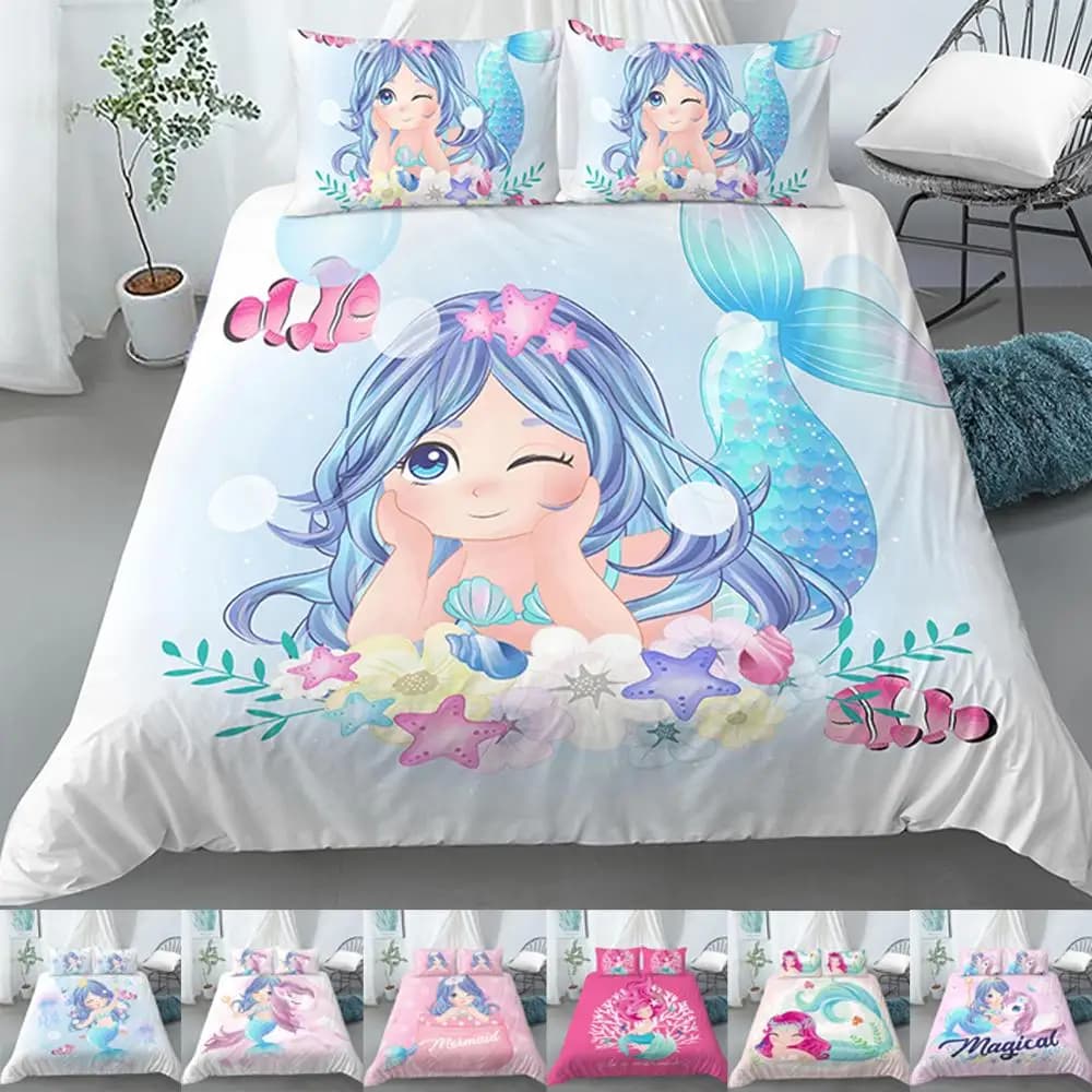 Set biancheria da letto copripiumino e federa per bambini copripiumino per bambini copripiumino Cartoon Mermaid Girls Princess coperta