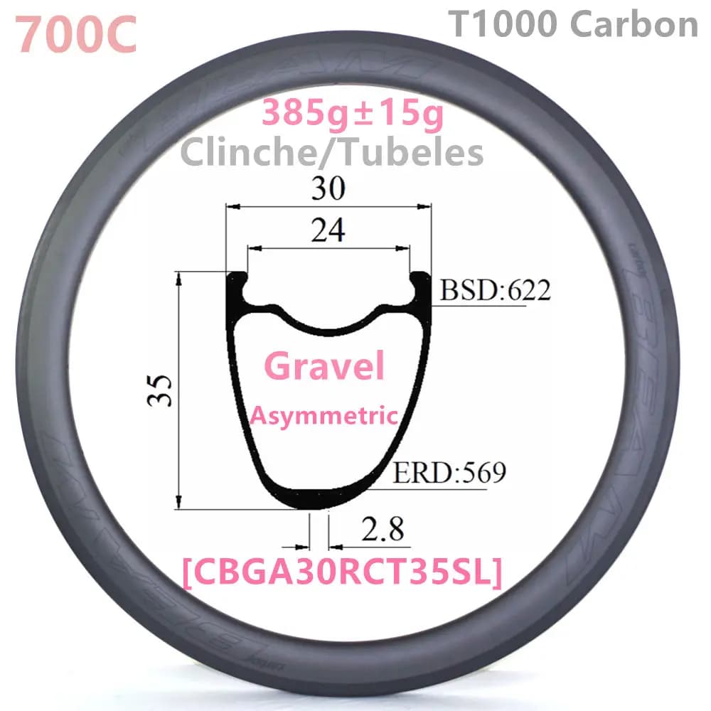[CBGA30RCT35SL] 385g Carbonbeam Asymmetric 30x35 Internal 24mm 700C Gravel CX Road Clincher Tubeless Compatible Carbon Wheels