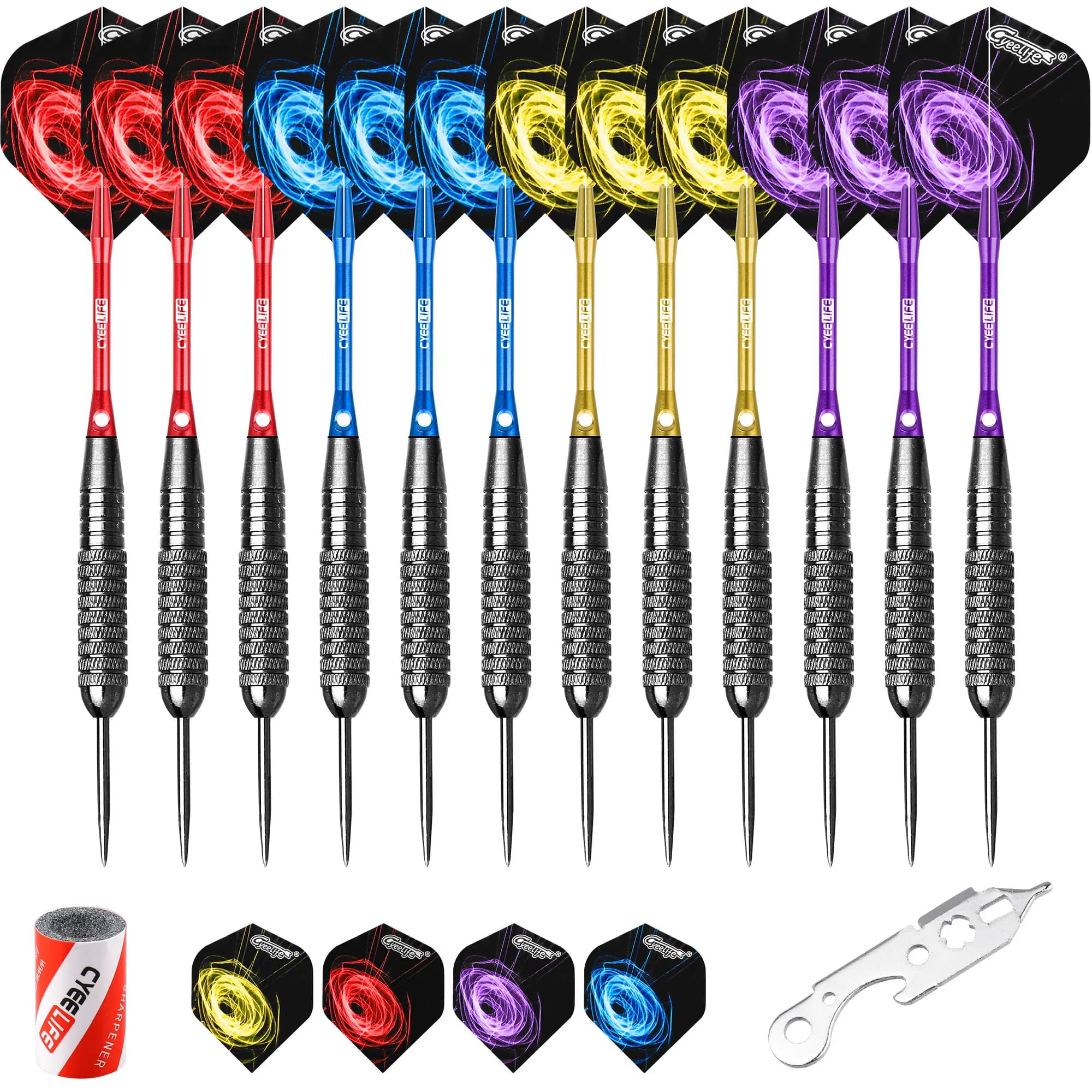Freccette CyeeLife 22/28g in acciaio professionale 12 confezioni, 12 alberi in alluminio 4 colori + strumento + temperamatite + 12 voli + confezione regalo