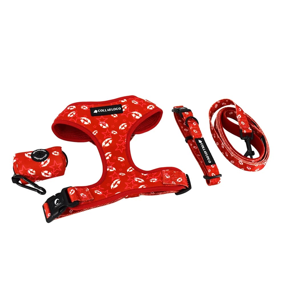 Collare per cani regolabile durevole morbido carino creativo colorato labbro rosso stampa Design guinzaglio imbracatura in Neoprene con distributore di sacchetti di cacca