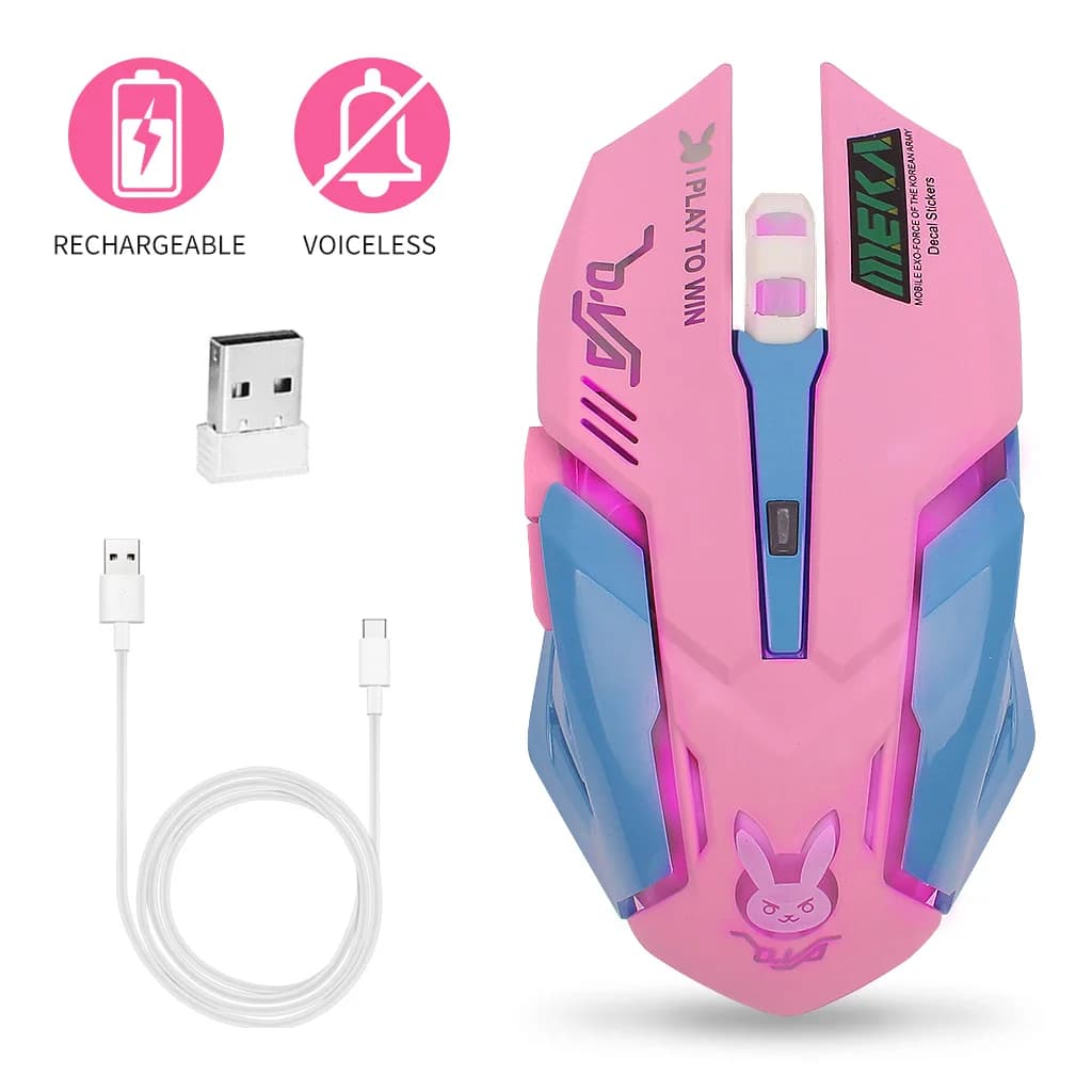 Mouse wireless ricaricabile Mouse silenzioso Mouse da gioco per computer DVA luminoso rosa 2400 DPI per PC Notebook Luce RGB