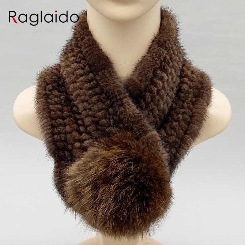 Sciarpa da donna Sciarpa in pelliccia di visone naturale Scialli caldi femminili invernali Elegante scaldacollo lavorato a maglia solido 62 cm x 10 cm