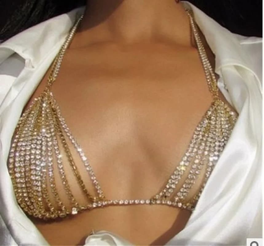 Imbracatura a catena per Bikini in cristallo a cuore di lusso per donna Sexy Lingerie Chain Bling strass reggiseno e perizoma Set di gioielli