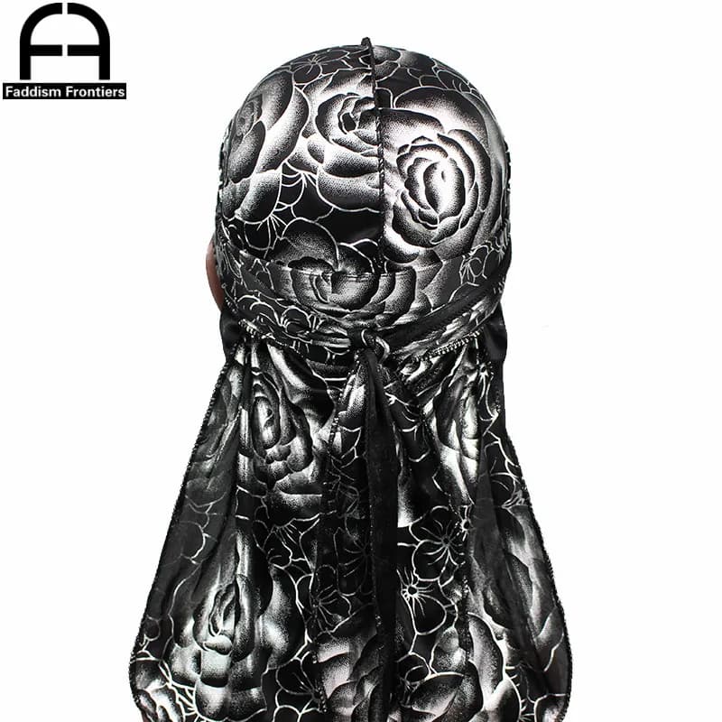 Men's custom print Durags trousers hat with men's print bandane headdress pink man Durag silk long straps long wave hair accessories