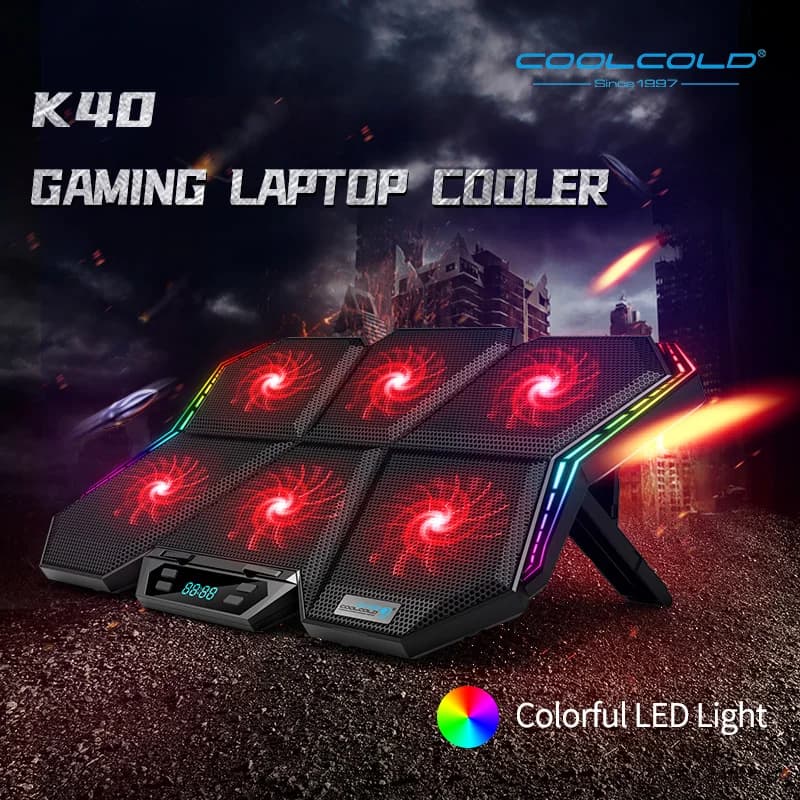 Coolcold Gaming RGB Dispositivo di raffreddamento per laptop Schermo LED da 12-17 pollici Tappetino di raffreddamento per laptop Supporto per dispositivo di raffreddamento per notebook con sei ventole e 2 porte USB