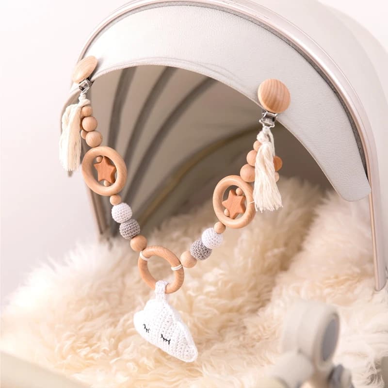 Giocattolo per bambini Clip per carrozzina in legno Carrozzina mobile per bambini Personalizza Perline in silicone Nuvola Catena per ciuccio Sonaglio in silicone Massaggiagengive in legno per bambini