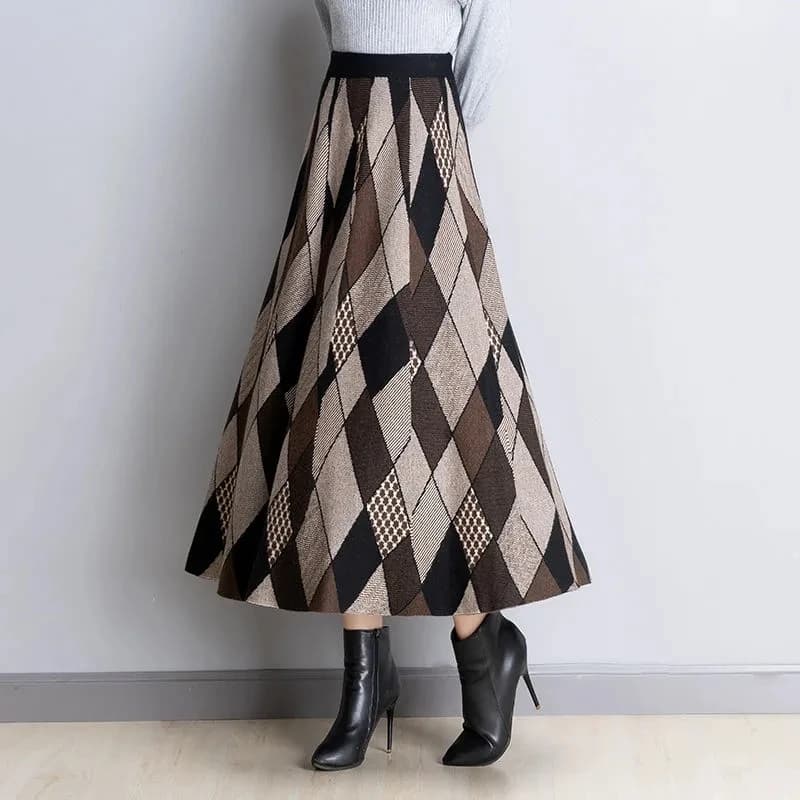 Autunno e inverno nuove gonne scozzesi temperamento femminile gonna a trapezio donna gonna lunga a pendolo grande a maglia lunga Mujer elegante 100
