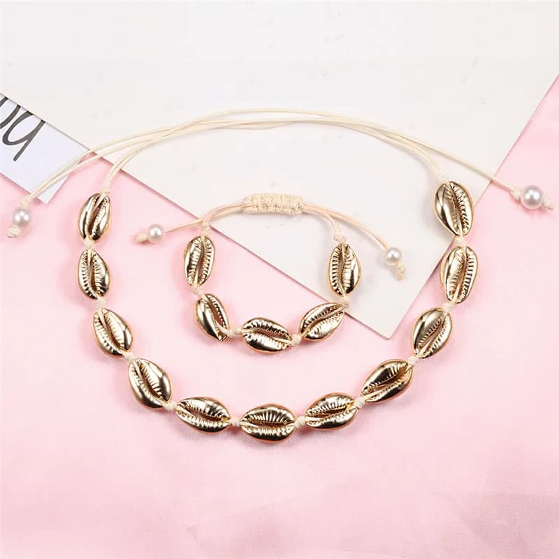Set di bracciali per collana da donna con conchiglia naturale calda, conchiglia marina bianca, corda nera, gioielli Boho, accessori per ciondoli, regali per festival