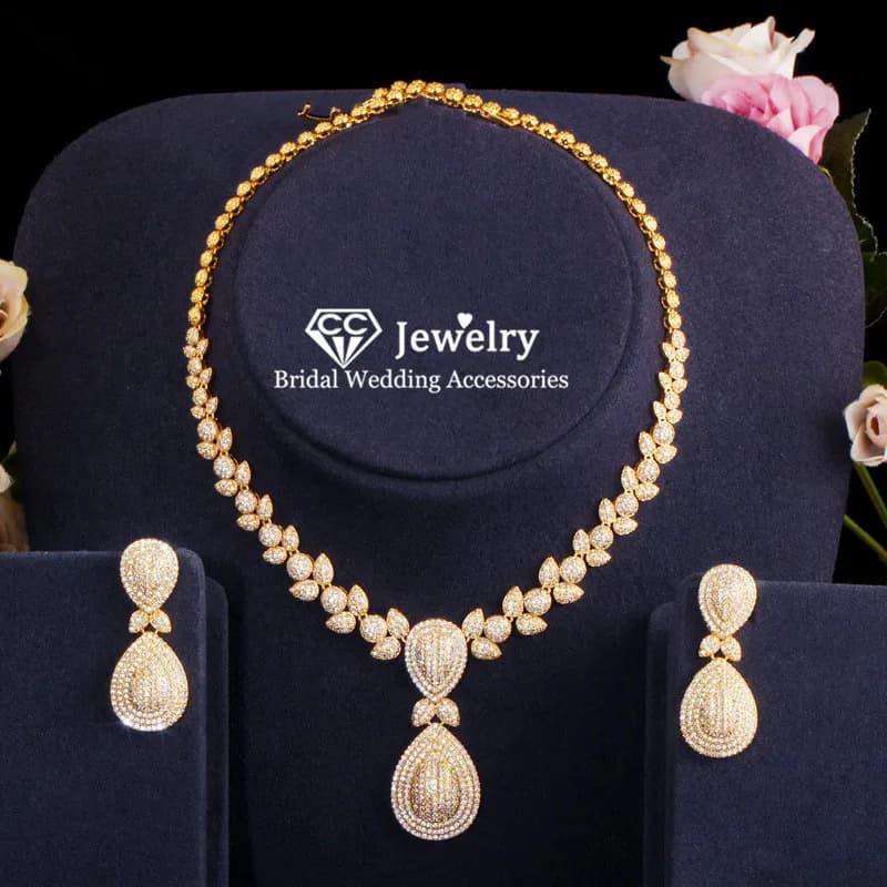 Set di Gioielli da Sposa CC in Argento S925, Accessori per Matrimonio, Orecchini Pendenti e Collana, Gioielli di Lusso, Regalo T0114
