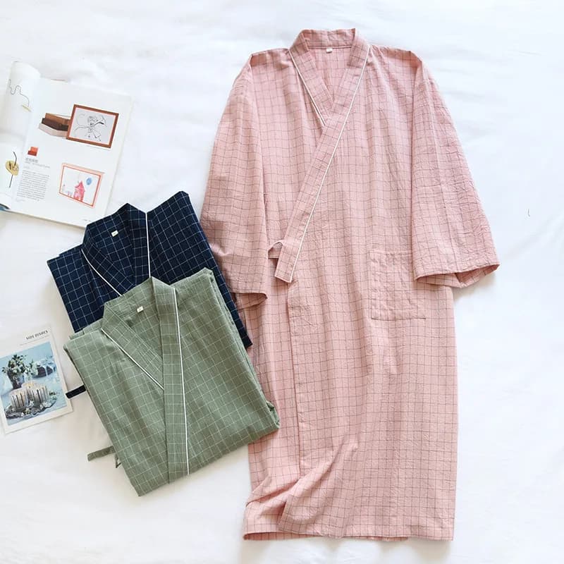 Japanese Kimono Summer New Style Cotton Couple Night Shirt Domicile Woman Sottile Kimono Scottish Big Size Man