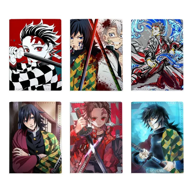 Custodia per passaporto Anime Demon Slayer Custodia per passaporto da viaggio in pelle per studenti unisex Porta carte di credito con clip per biglietto d'aria per cartoni animati