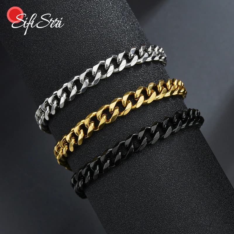 Sifisrri Punk Men 3/5/7mm Acciaio inossidabile Curb Braccialetti a catena a maglia cubana Colore oro Catene solide Regalo di gioielli da polso unisex