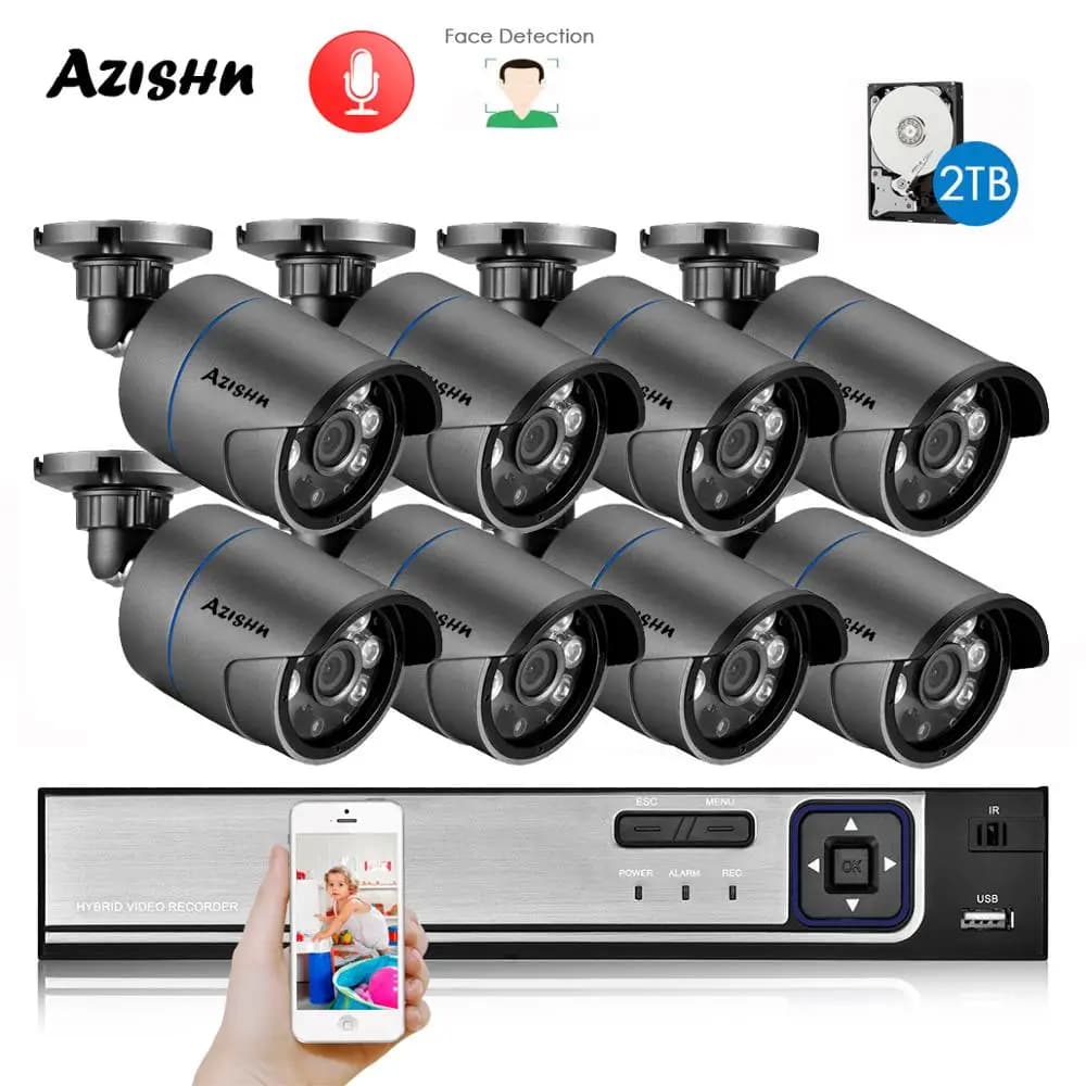 AZISHN H.265 + 8CH 5MP POE Security System NVR Kit Audio IP Camera IR Outdoor IP66 Face Detection CCTV videosorveglianza NVR Set