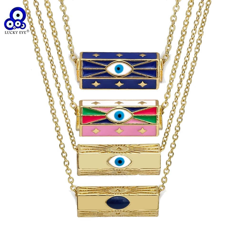 Lucky Eye Colorful Turkish Evil Eye Pendant Necklace Copper Gold Color Long Chain Necklace for Women Girls Fashion Jewelry BT156