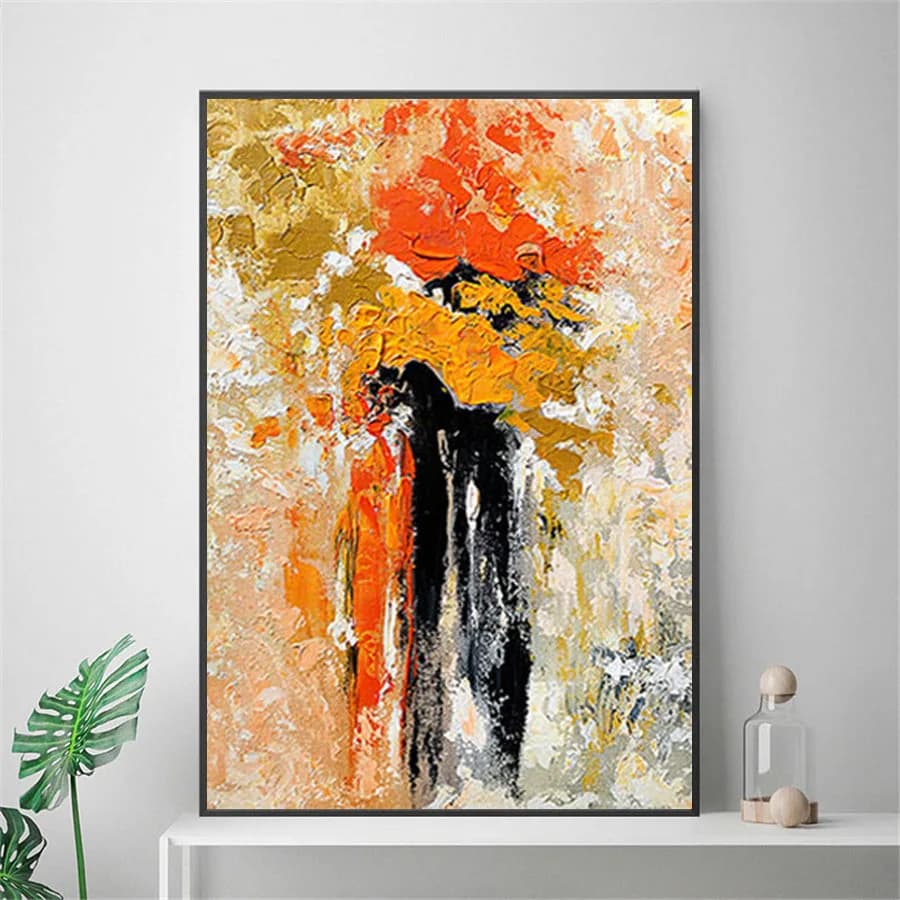 Black Orange Abstract Oil Paintings Hand Painted on Canvas Abbraccio Lovely Hot Coulple Images Art for Living Room Wall Decoration