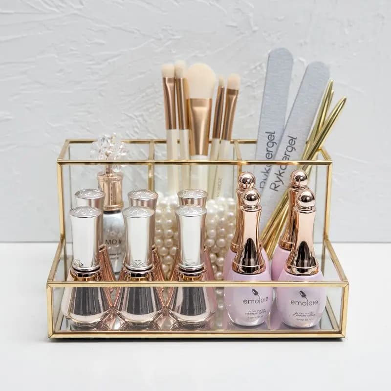 Organizzatore cosmetico per trucco in vetro trasparente con organizzatore per rossetto con contenitore per trucco per gioielli con bordo coperto dorato