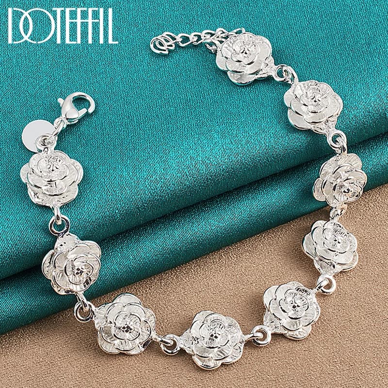 DOTEFFIL Chain Bracelet with full pink flower in 925 sterling silver for women's jewelry with fashionable pendants for engagement parties and wedding