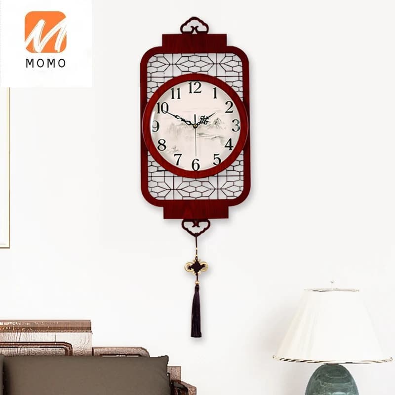 New wall clock with Chinese lantern, living room, creative wooden watch, mute, atmospheric artistic decoration for the house, big clock