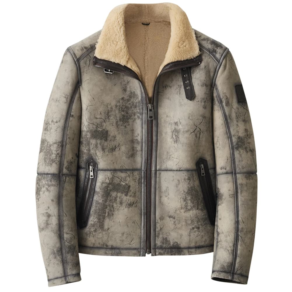 Denny&Dora Men's B3 Shearing Leather Coat Grey Camouflage Short Bomber Jacket with Lapel Style