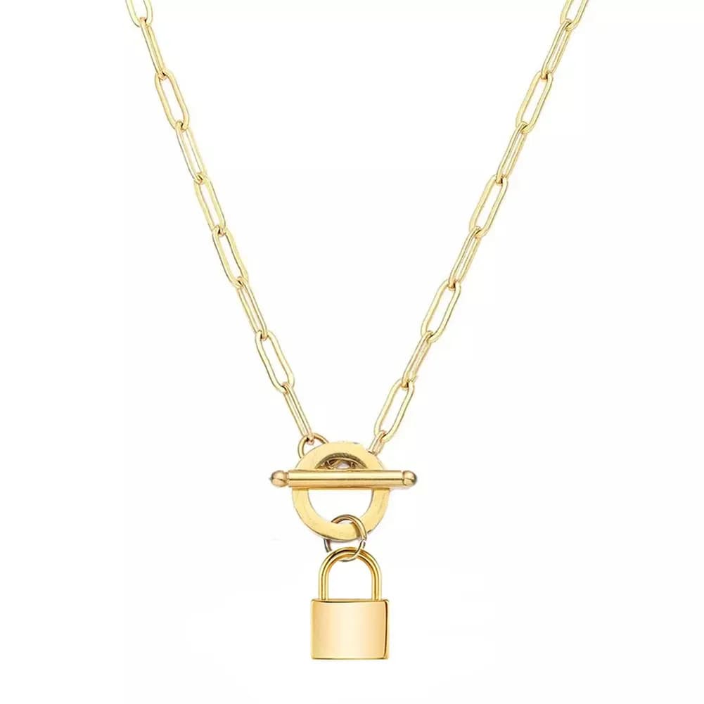 MinaMaMa Collana con ciondolo lucchetto in acciaio inossidabile per donna Toggle Choker Paperclip Catena con lucchetto Gioielli