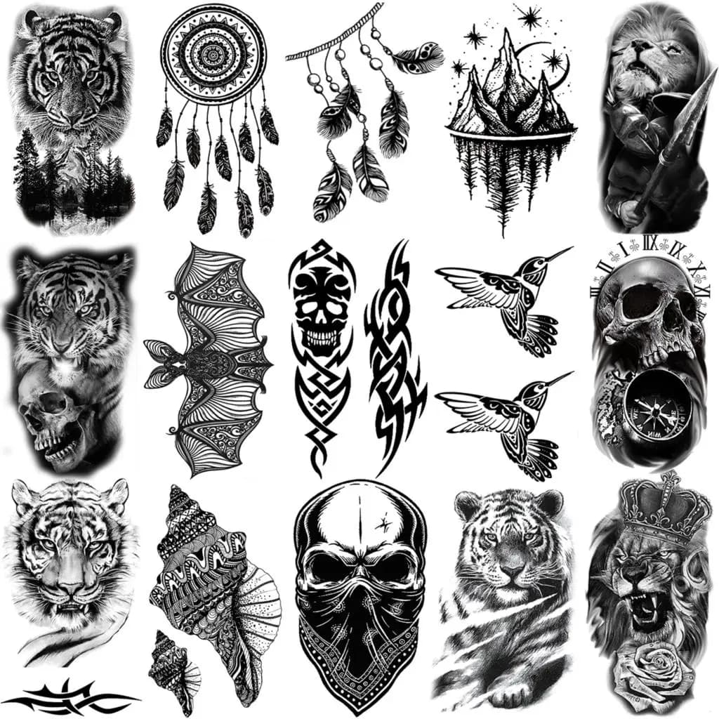 Thorns Skull Tiger Lion Temporary Tattoos For Women Adult Men Boy Dream Catcher Bat Bird Fake Tattoo Neck Arm Hands Small Tatoos