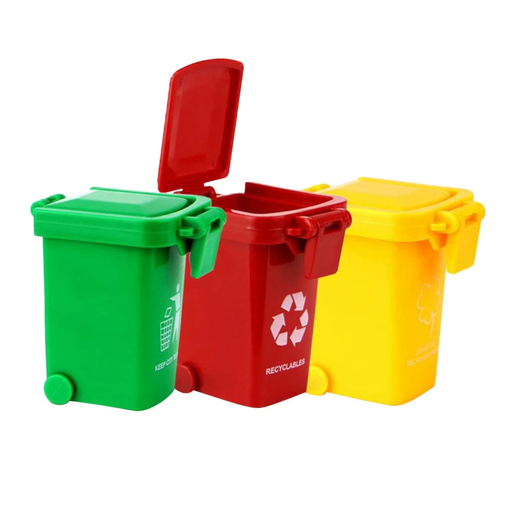 3 mini bidoni della spazzatura per bambini, contenitori per il riciclaggio, giocattolo per camion della spazzatura, confezione da 3 (verde rosso giallo)