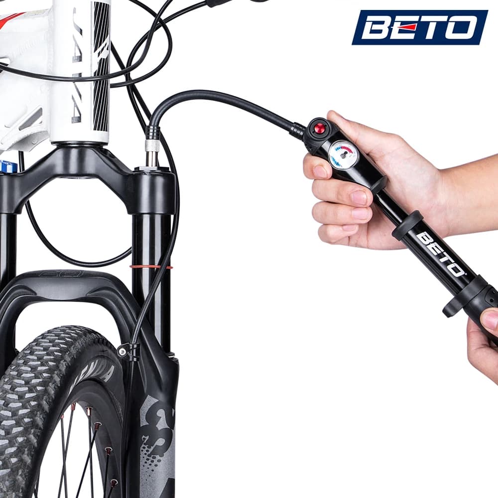 BETO Bicicletta Pompe per il Pneumatico/Tubo e Spina/Shock/Forcella, schrader e Valvole Presta Adattatore Gonfiatore, Mini Mano Pompa di Bicicletta con Manometro Tubo