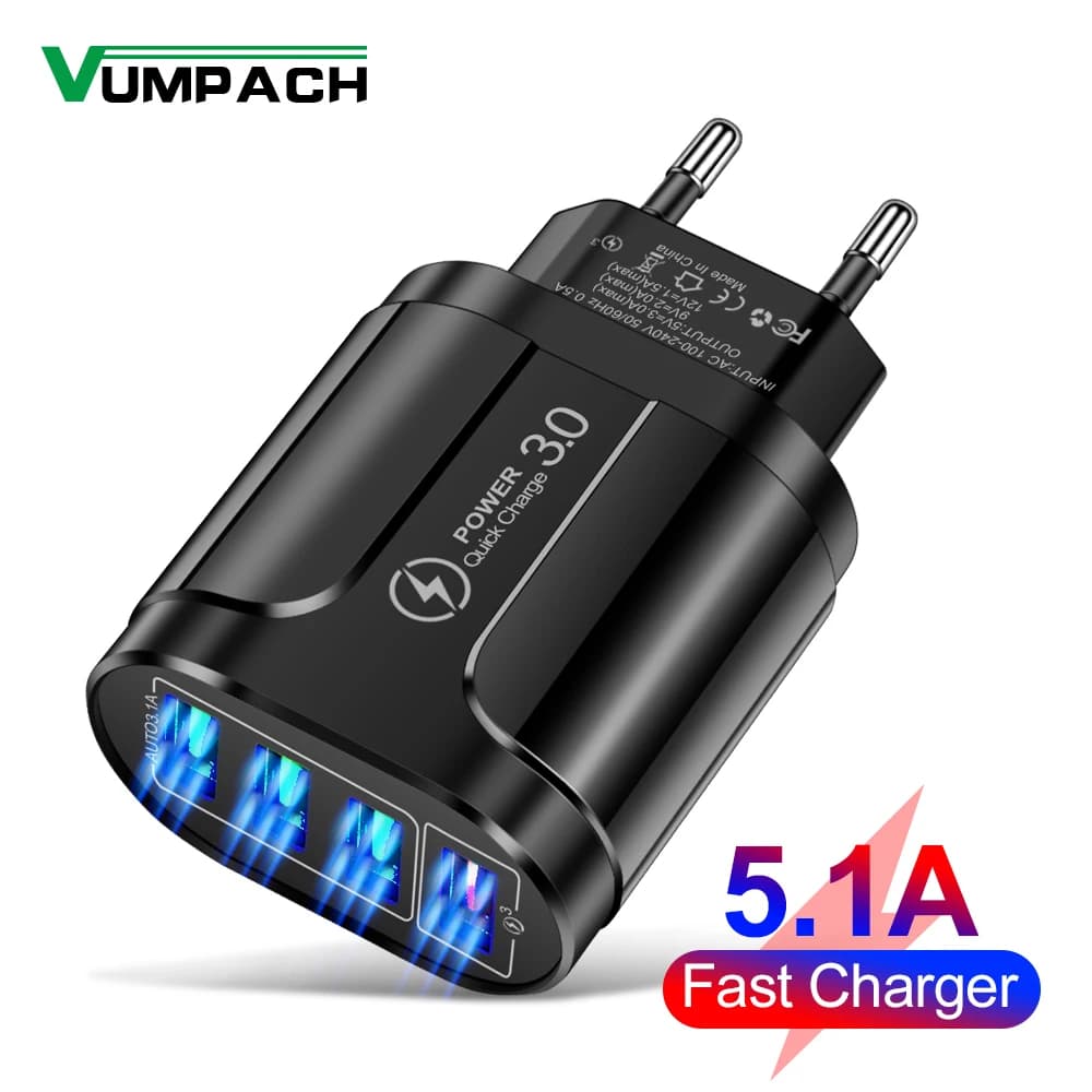 4 USB 45W Quick Charge USB Charger QC 3.0 Wall Charging for iPhone 12 11 Samsung Xiaomi Mobile 4 Doors EU Plug Adapter USA Travel