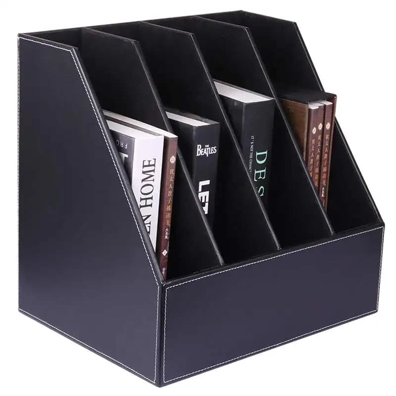 Four-Row Seat PU Leather File Folder, Document Holder, Creative Finishing Disc Storage Documents Rack
