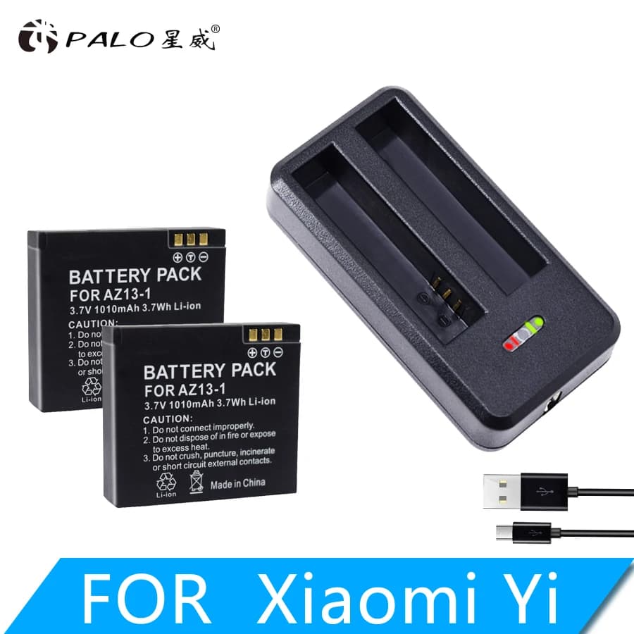 PALO 1010mAh AZ13-1 battery with USB charger for Xiaomi Yi Action Camera, rechargeable spare battery.