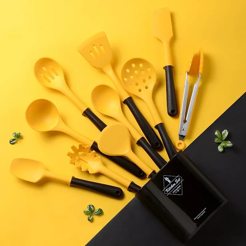 10PCS Food Grade Yellow Cooking Utensils Set Heat Resistant Non-Stick Cooking Utensils With Storage Box Silicone Kitchenware