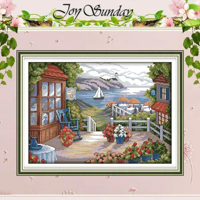Terrace with Blooming Flowers Patterns Counted Cross Stitch Set 11CT 14CT 16CT Stamped Cross-stitch Kit Embroidery Needlework