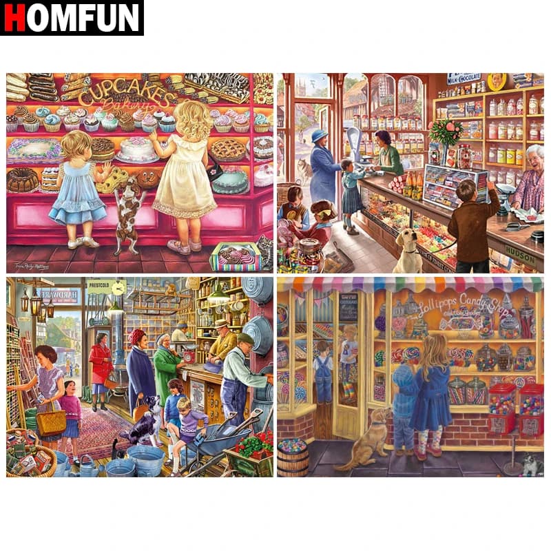 HOMFUN Diamond Painting Full Square/Round Drill 5D DIY "Shop people scenery" Daimond Embroidery Rhinestone Cross Stitch Decor