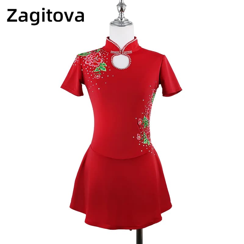 ZAGITOVA Abito da pattinaggio di figura rosso vino Cheongsam Gonna da pattinaggio su ghiaccio Petali di rosa Gonna stile cinese Strass Ragazza Donna