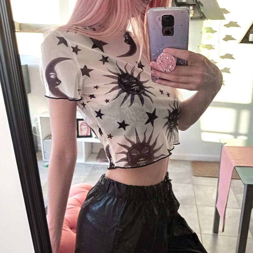 2021 donne Sheer Mesh Fish Net manica corta collo alto vedere Crop Top T-shirt angelo maglia stampata vedere attraverso la maglia trasparente