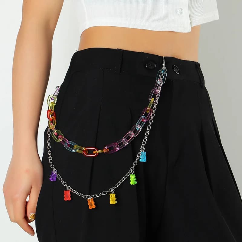 Cintura a catena in vita dolce Catene per pantaloni argentate per donna Ragazza Jeans femminili Cintura per pantaloni Catena in metallo punk cool con orsetto di caramelle