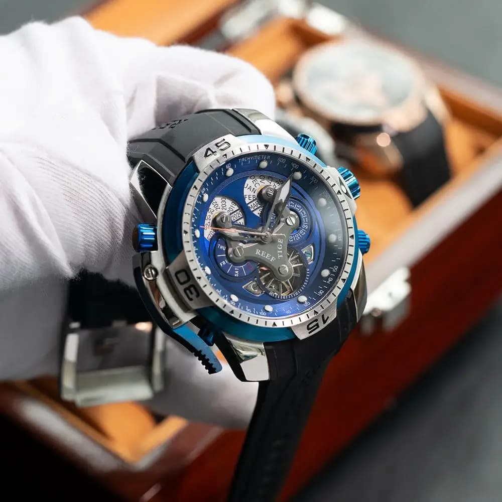Reef Tigre/RT Del Progettista Mens Della Vigilanza di Sport con il Calendario Perpetuo Data Giorno Complicato Quadrante Blu Orologio Meccanico RGA3503
