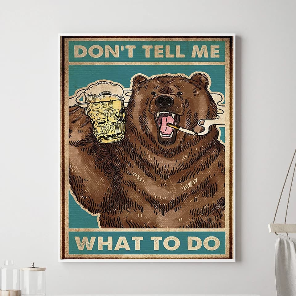 Orso divertente che fuma bere birra, pittura su tela umoristica, stampa HD, arte moderna della parete, poster per bagno, decorazioni per la casa