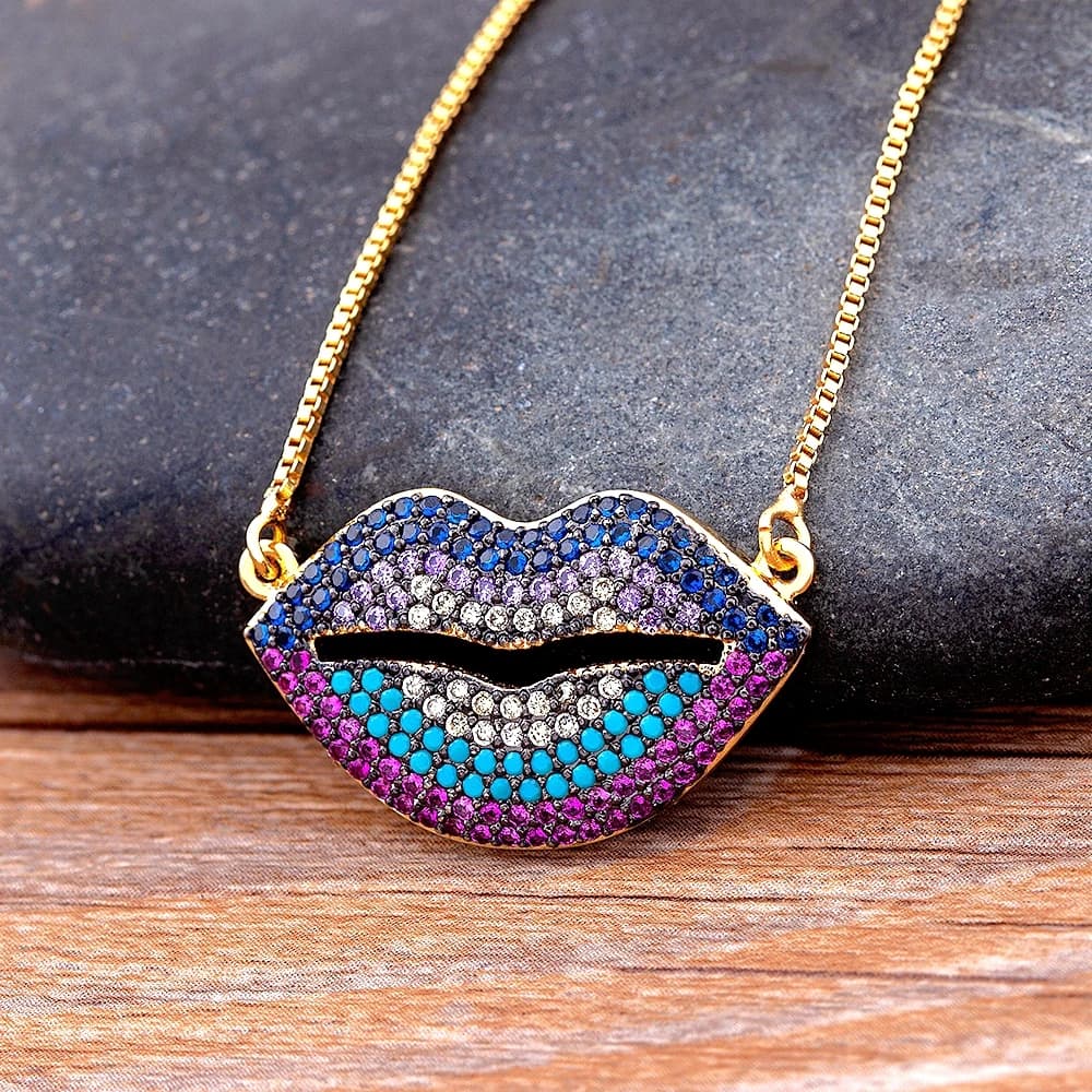 Nidin New Design Lips Pendant Necklace Gold Plated Copper Zircon Jewelry Colorful Chain For Women Hip Hop Party Birthday Gifts