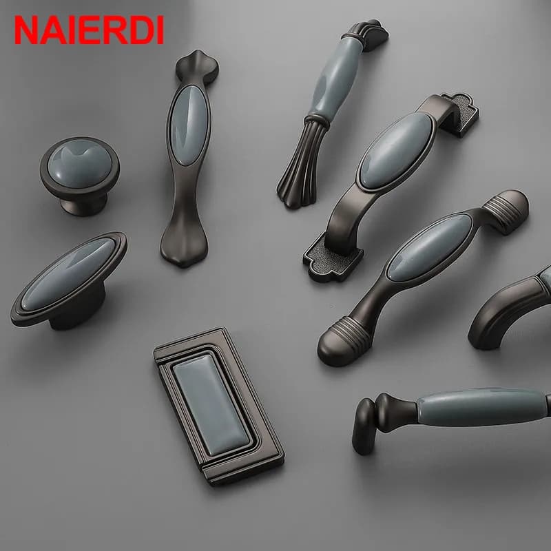 NAIERDI Manopole per mobili in ceramica Maniglie per porte dell'armadio blu grigio mediterraneo Maniglie per mobili europei Hardware per mobili