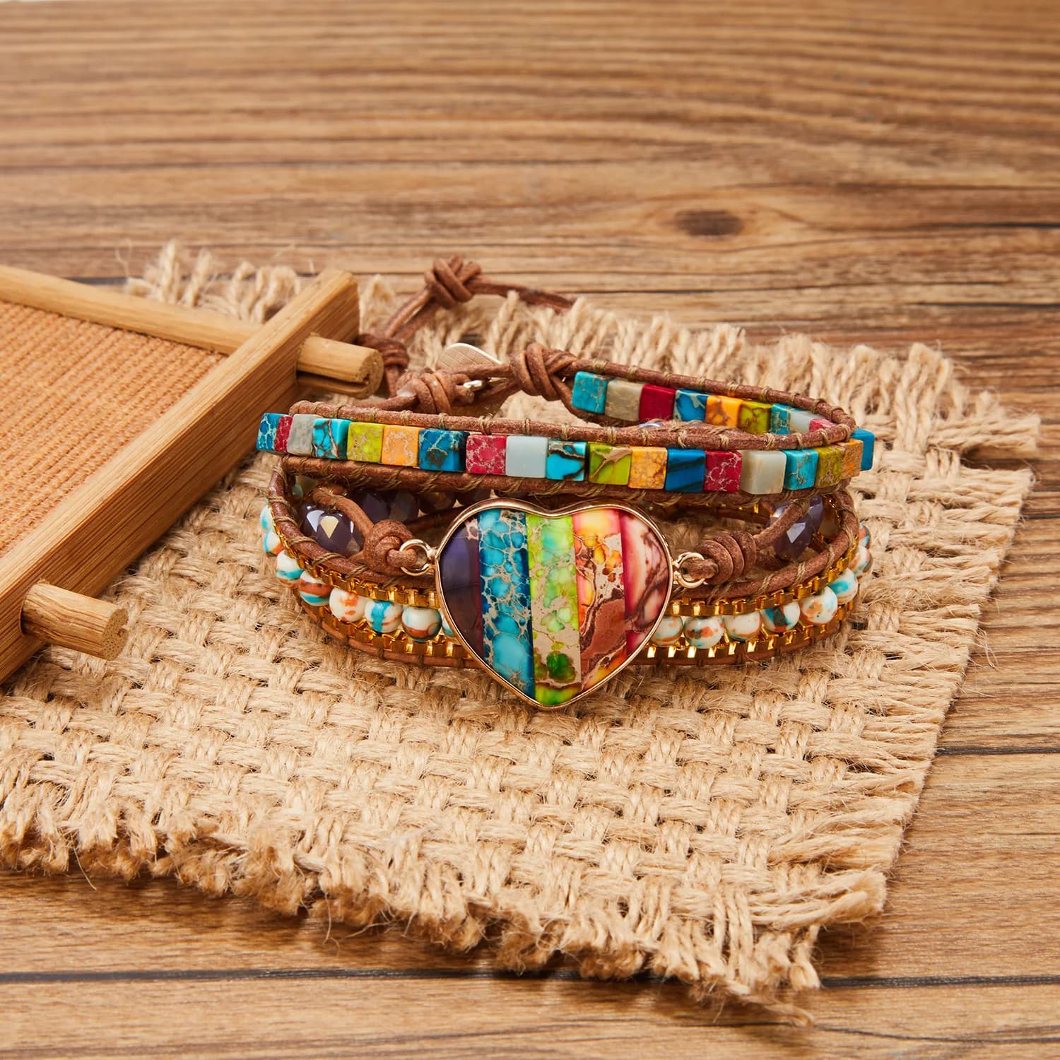 Bracciale in pietra naturale di colore misto di nuova moda per donna uomo Chakra cuore avvolgente braccialetto a catena in pelle e gioielli con ciondoli